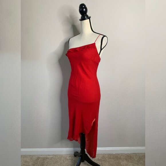 Express Red Silk One Shoulder Asymmetrical Cocktail Midi Dress - Picture 5 of 14